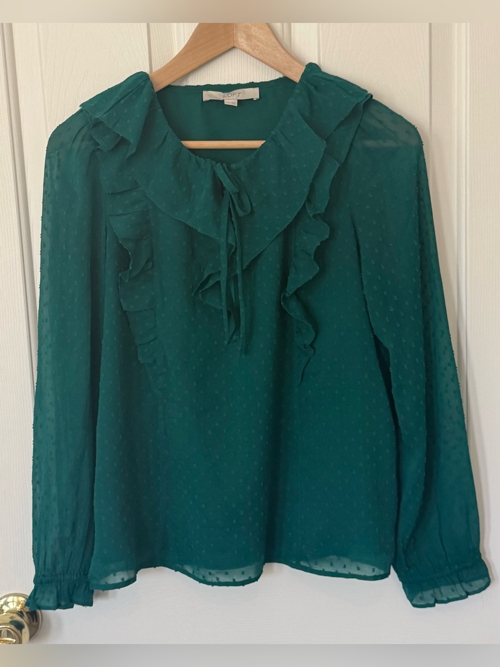 LOFT Teal Ruffle Tie-Neck Swiss Dot Blouse